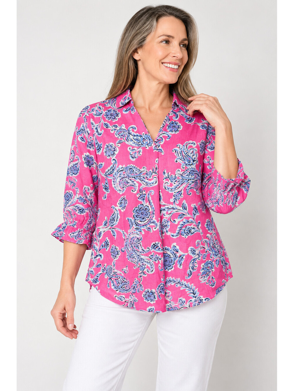 Belle by Kim Gravel Linen Rayon True Blue Popover Blouse Preppy Pink, Medium